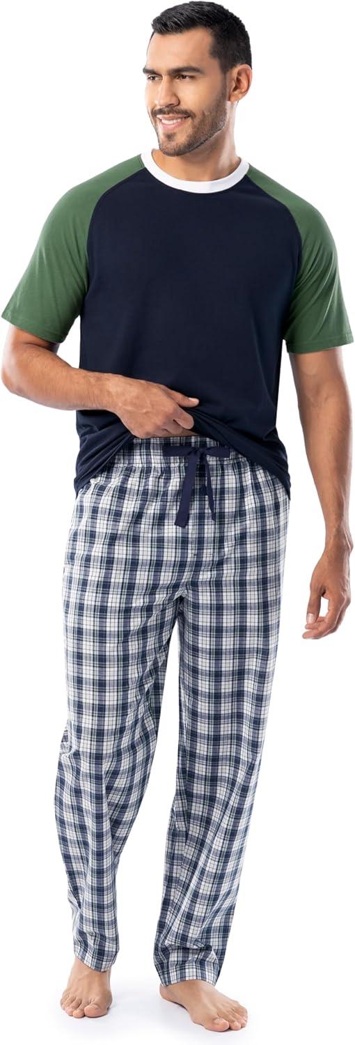 imageFruit of the Loom Mens Jersey Henley Top and Broadcloth Pant Sleep Pajama SetBlackBlue Plaid
