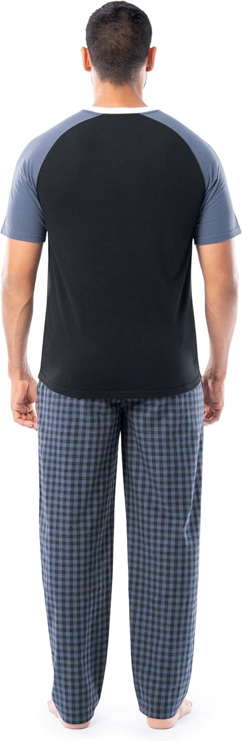 imageFruit of the Loom Mens Jersey Henley Top and Broadcloth Pant Sleep Pajama SetBlackBlue Plaid