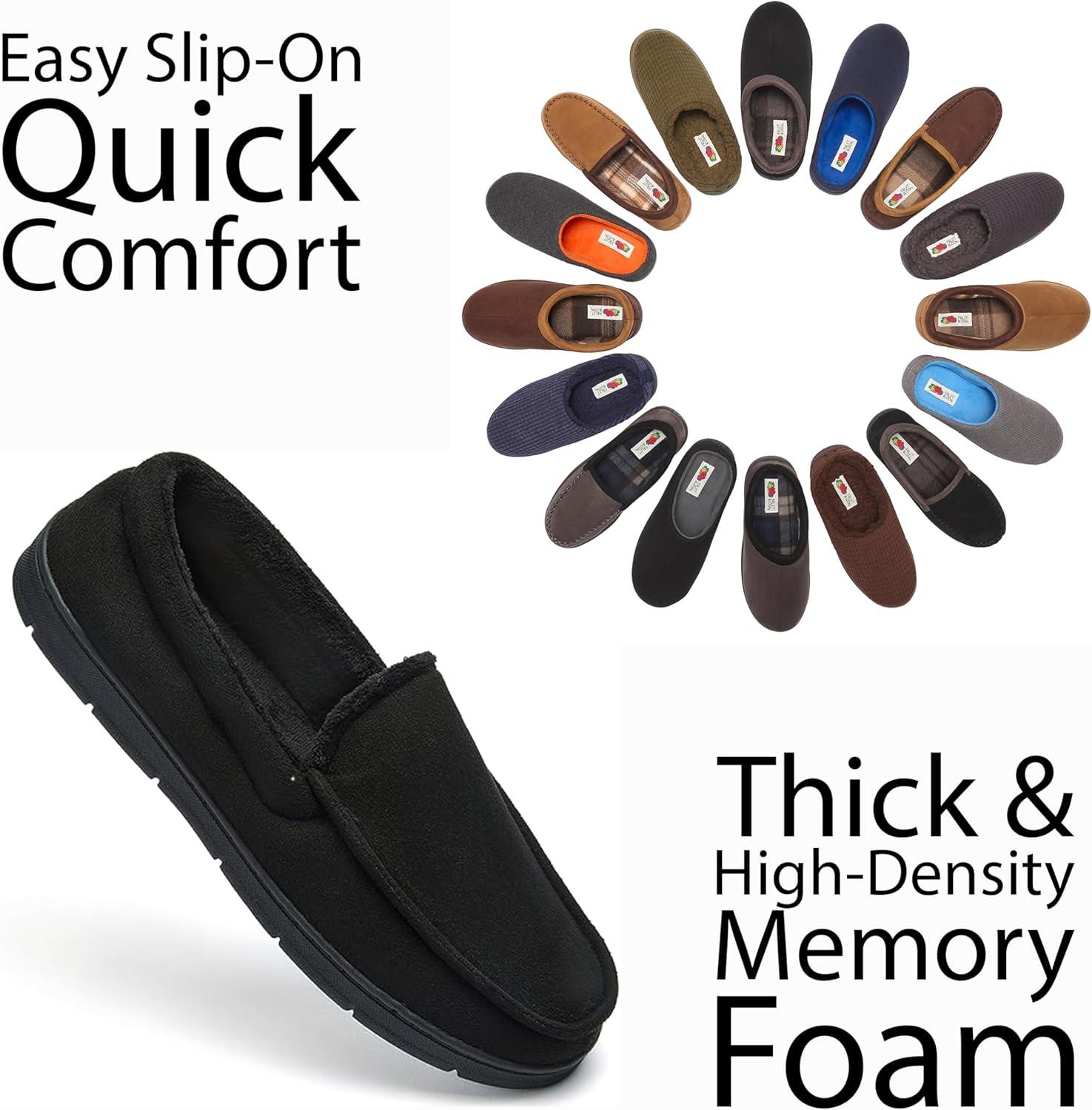 imageFruit of the Loom Mens Moccasin Slippers Memory Foam Indoor Outdoor House Shoes Cozy Fuzzy Footwear for Men NonSlip Suede DesignBlack