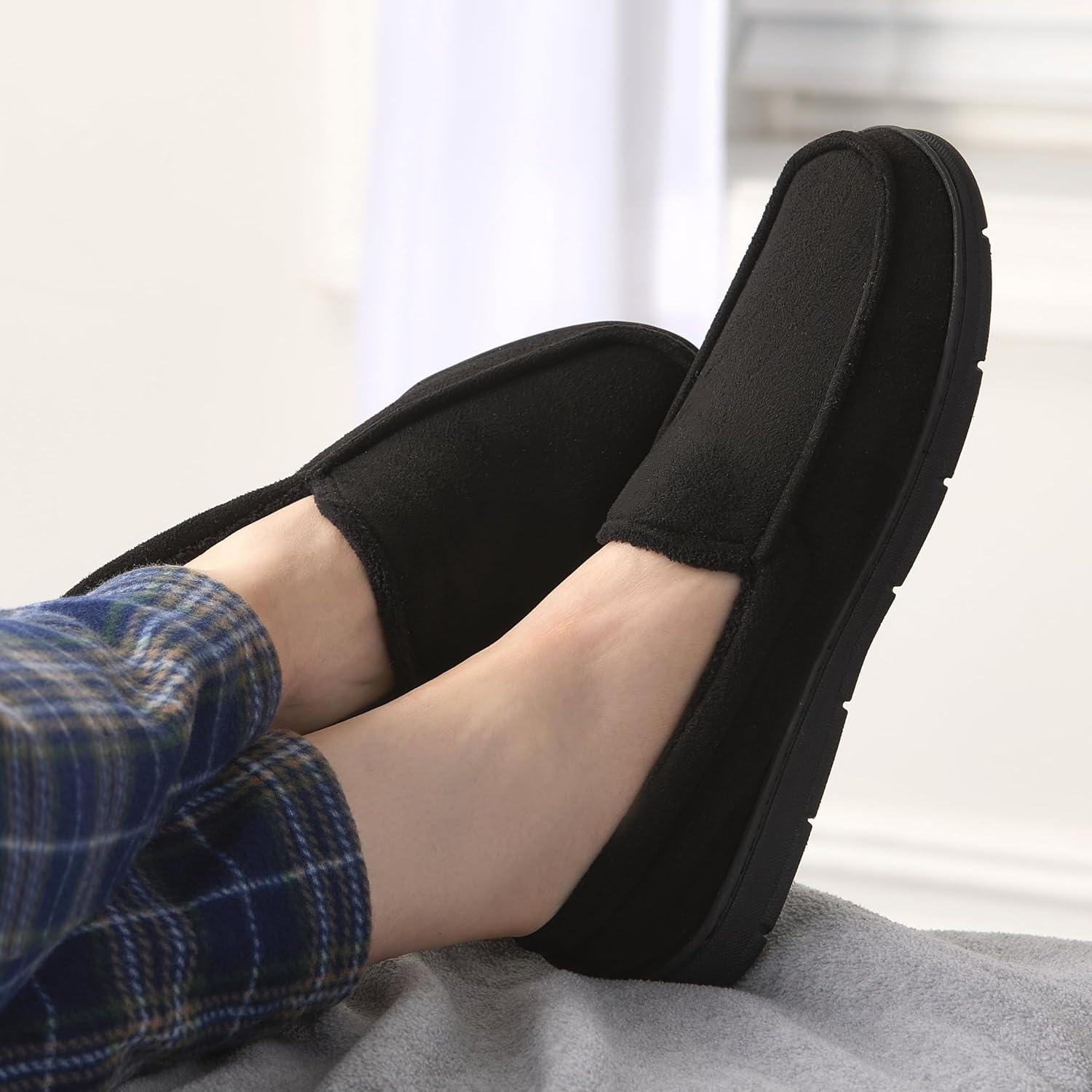 imageFruit of the Loom Mens Moccasin Slippers Memory Foam Indoor Outdoor House Shoes Cozy Fuzzy Footwear for Men NonSlip Suede DesignBlack