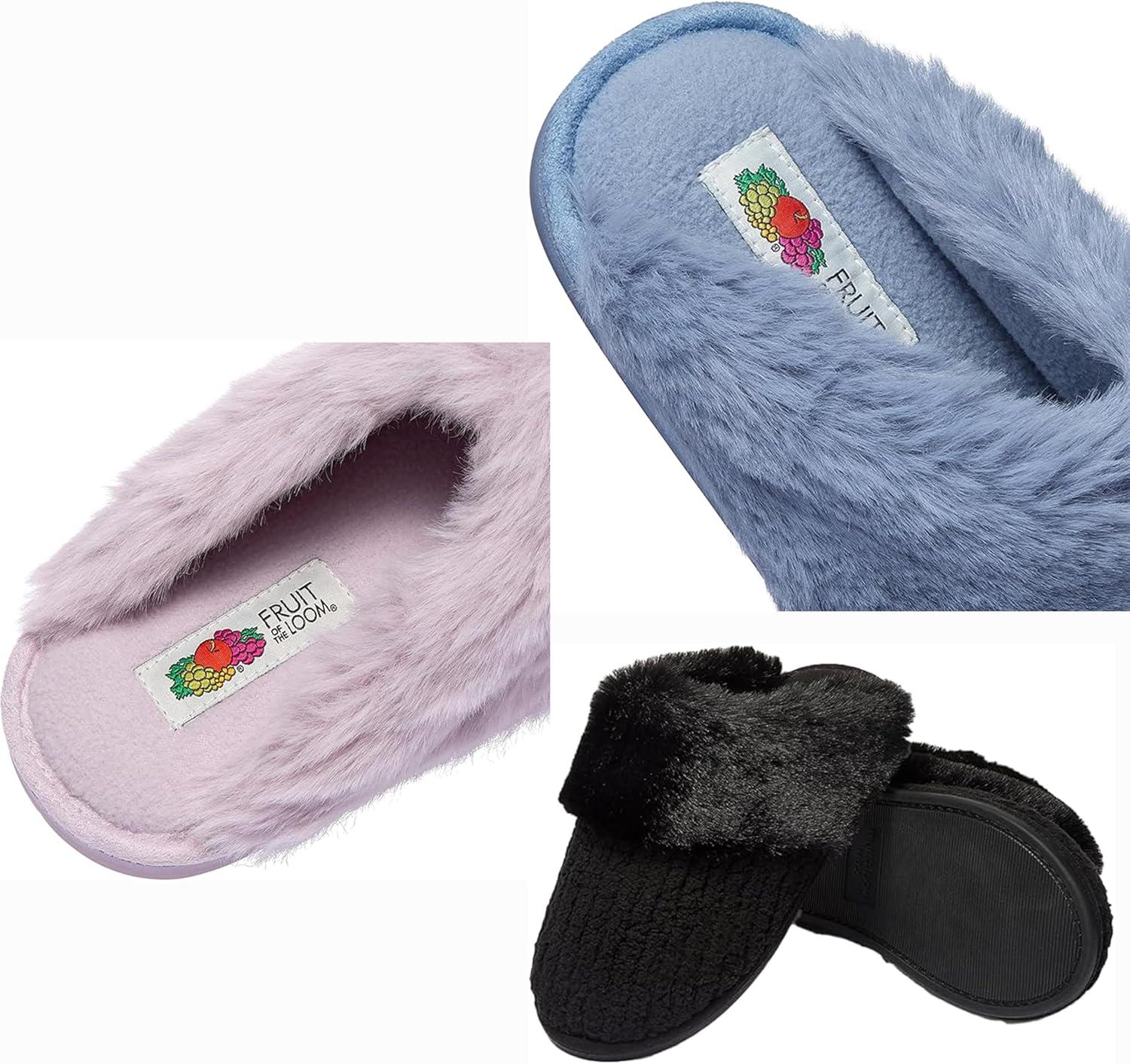 imageFruit of the Loom Womens Chenille Fur Cuff Slippers Memory Foam Indoor Outdoor Clog Shoes Soft Cozy House Slippers for Women Fuzzy Warm Zapatos CmodosBlack