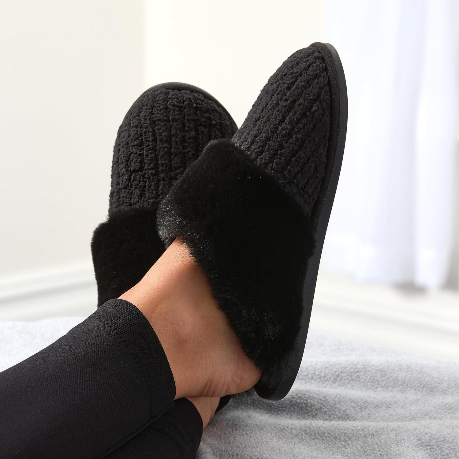 imageFruit of the Loom Womens Chenille Fur Cuff Slippers Memory Foam Indoor Outdoor Clog Shoes Soft Cozy House Slippers for Women Fuzzy Warm Zapatos CmodosBlack