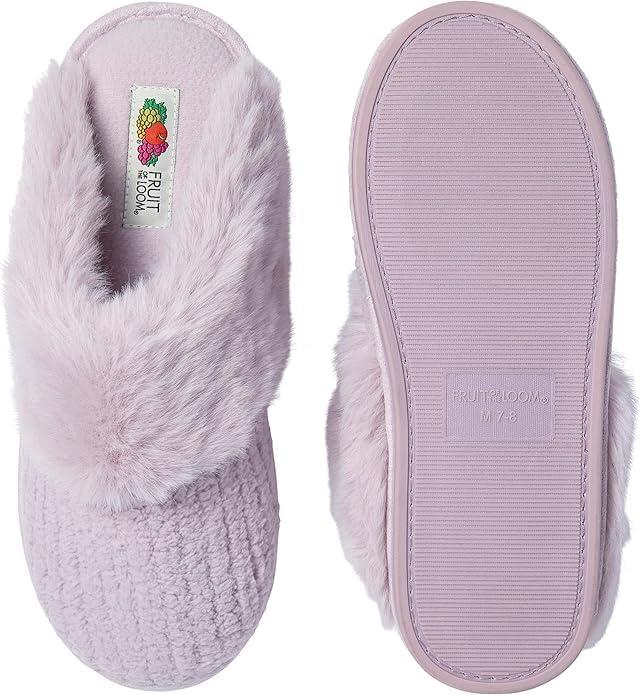 imageFruit of the Loom Womens Chenille Fur Cuff Slippers Memory Foam Indoor Outdoor Clog Shoes Soft Cozy House Slippers for Women Fuzzy Warm Zapatos CmodosLilac