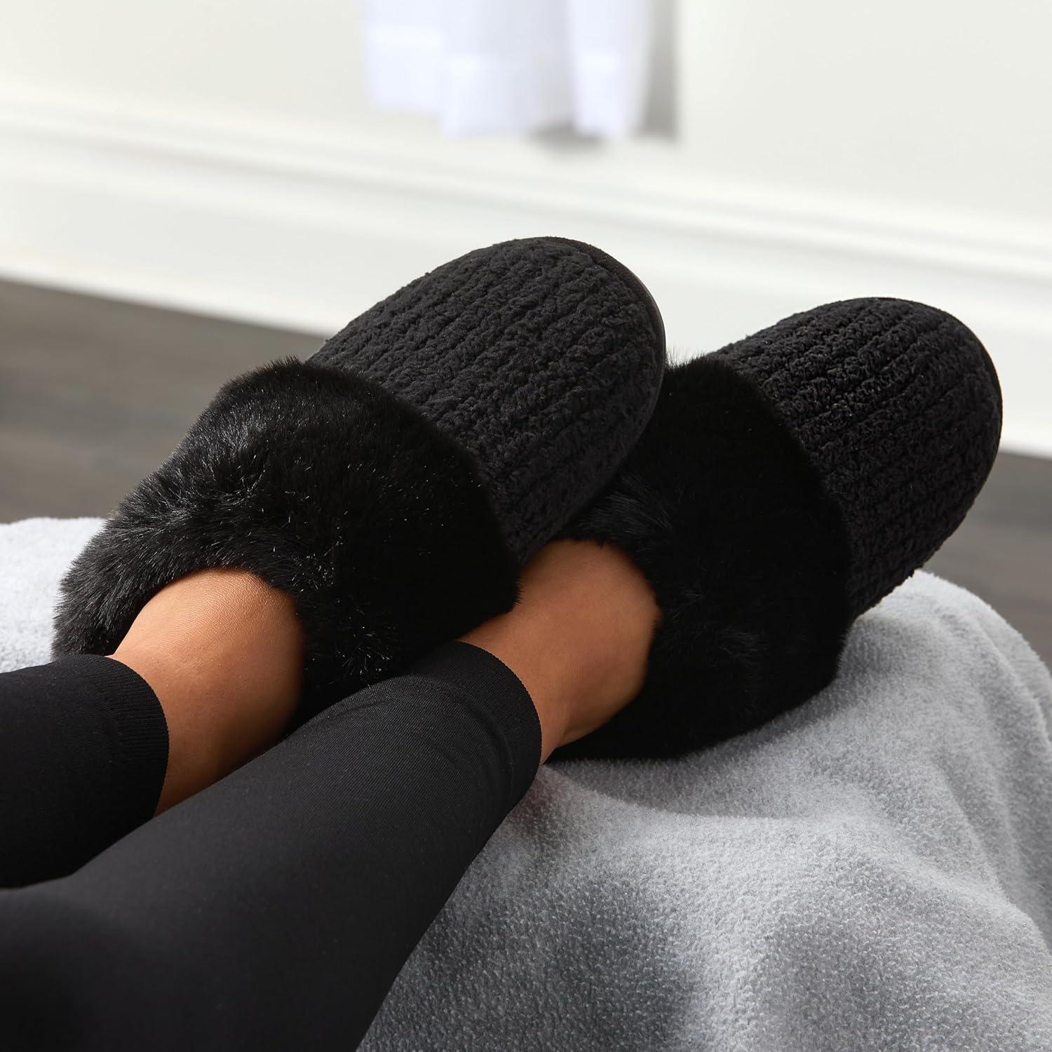 imageFruit of the Loom Womens Chenille Fur Cuff Slippers Memory Foam Indoor Outdoor Clog Shoes Soft Cozy House Slippers for Women Fuzzy Warm Zapatos CmodosBlack