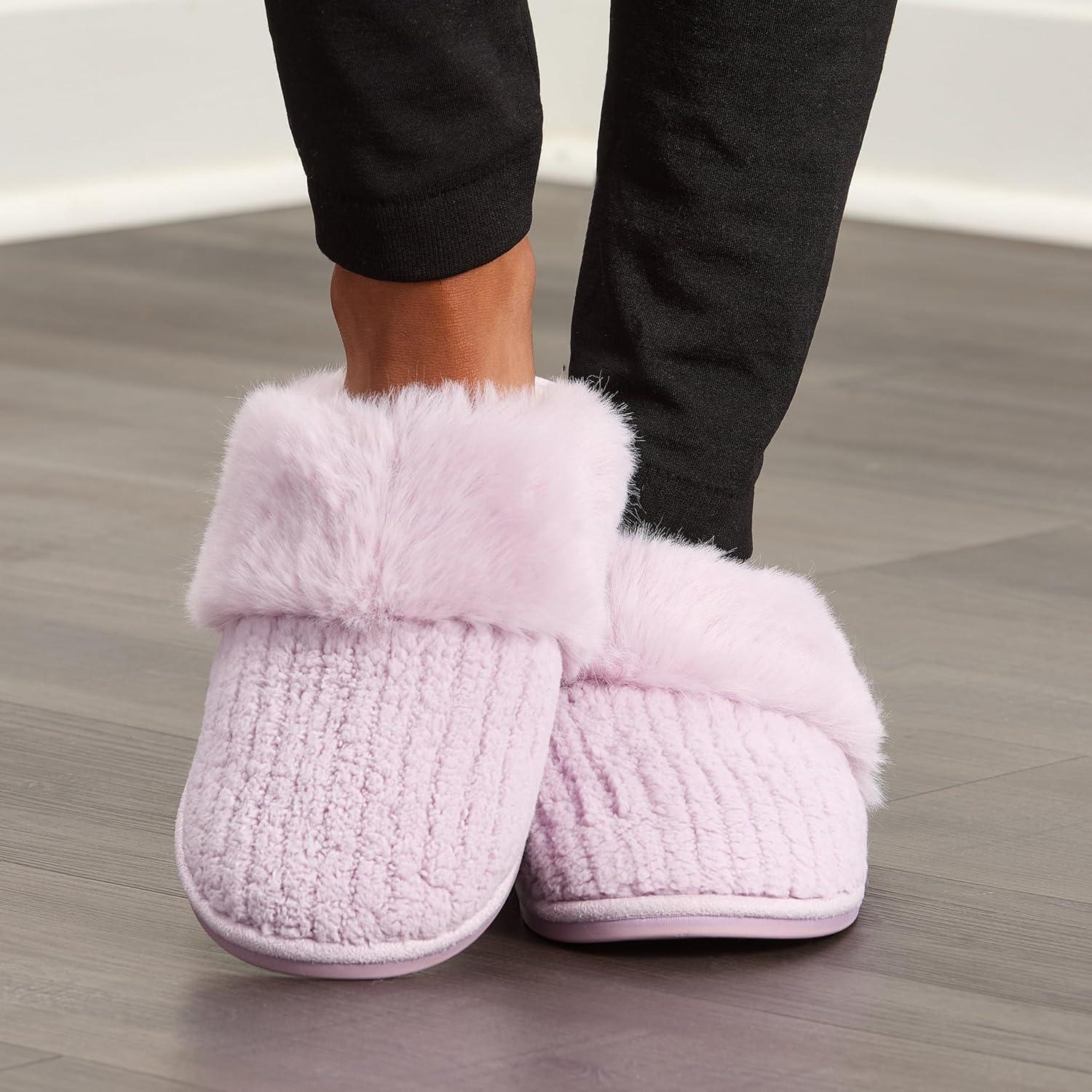 imageFruit of the Loom Womens Chenille Fur Cuff Slippers Memory Foam Indoor Outdoor Clog Shoes Soft Cozy House Slippers for Women Fuzzy Warm Zapatos CmodosLilac
