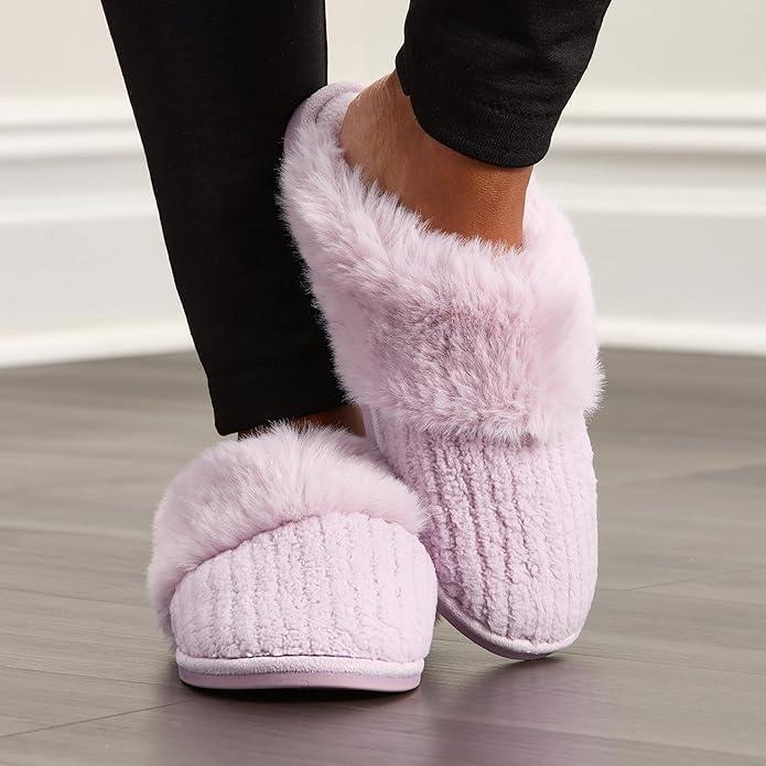 imageFruit of the Loom Womens Chenille Fur Cuff Slippers Memory Foam Indoor Outdoor Clog Shoes Soft Cozy House Slippers for Women Fuzzy Warm Zapatos CmodosLilac