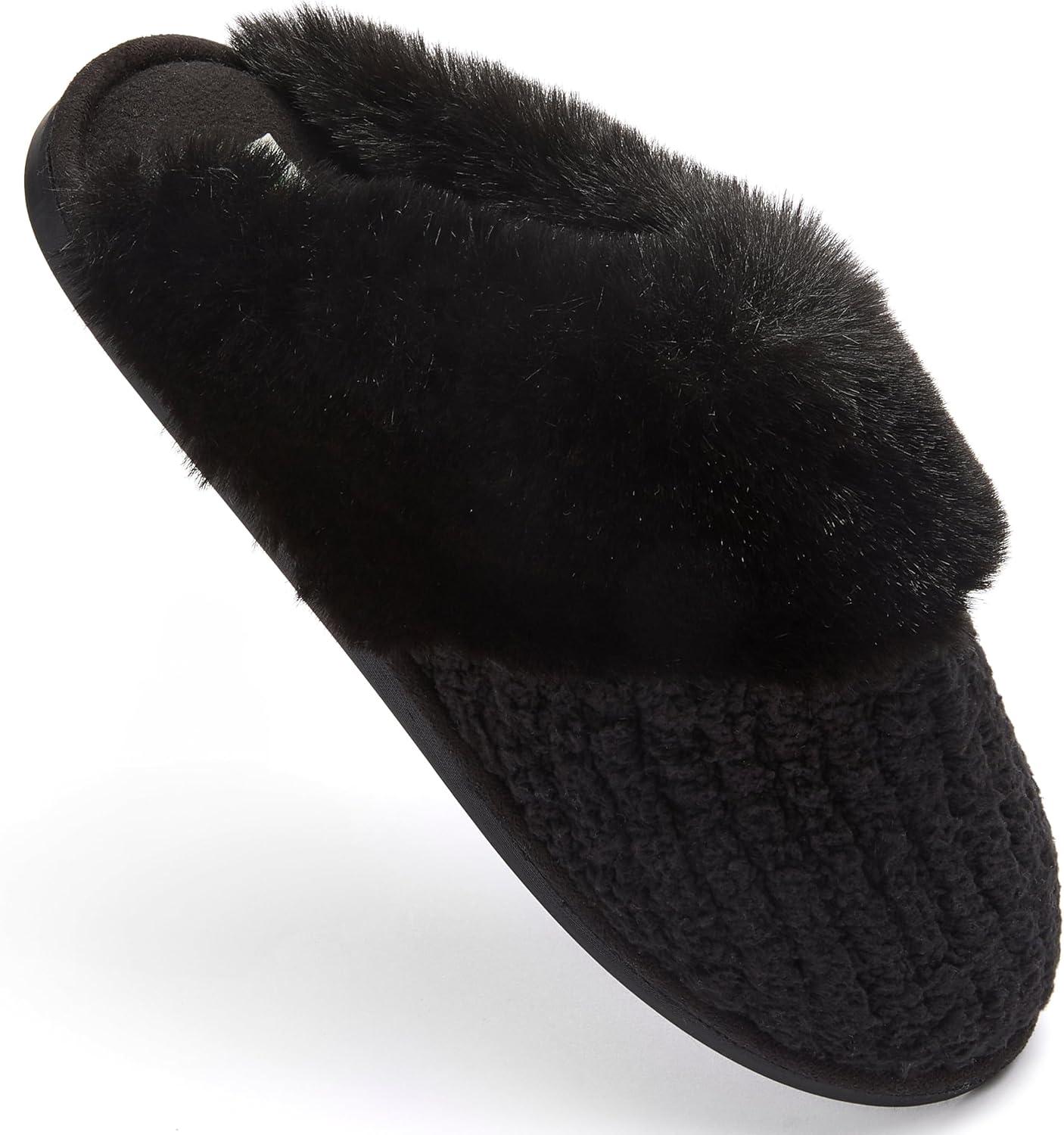 imageFruit of the Loom Womens Chenille Fur Cuff Slippers Memory Foam Indoor Outdoor Clog Shoes Soft Cozy House Slippers for Women Fuzzy Warm Zapatos CmodosBlack