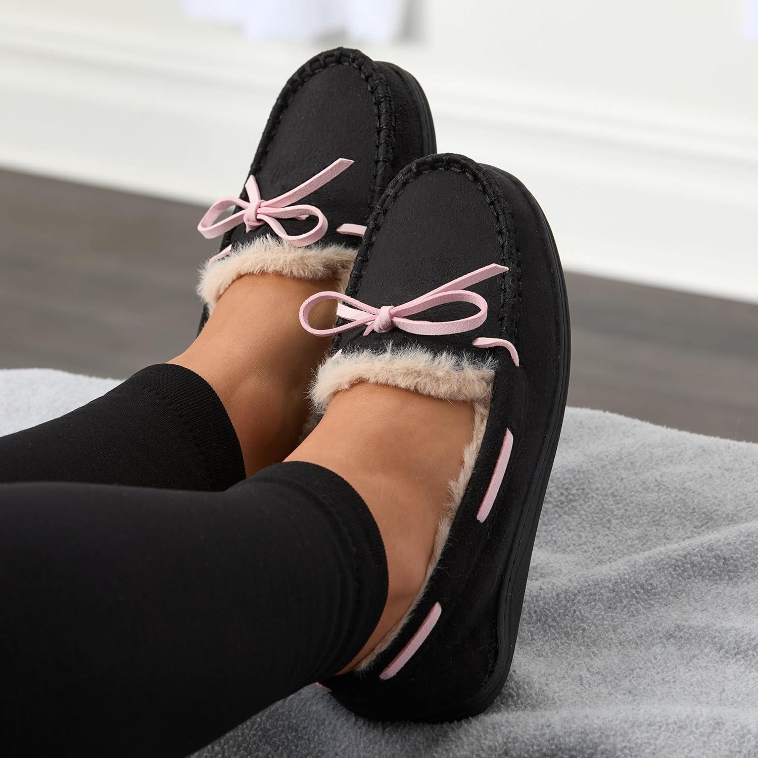 imageFruit of the Loom Womens Memory Foam Moccasins IndoorOutdoor House Shoes for Women Microsuede Gifts for Girls Women ChristmasBlack