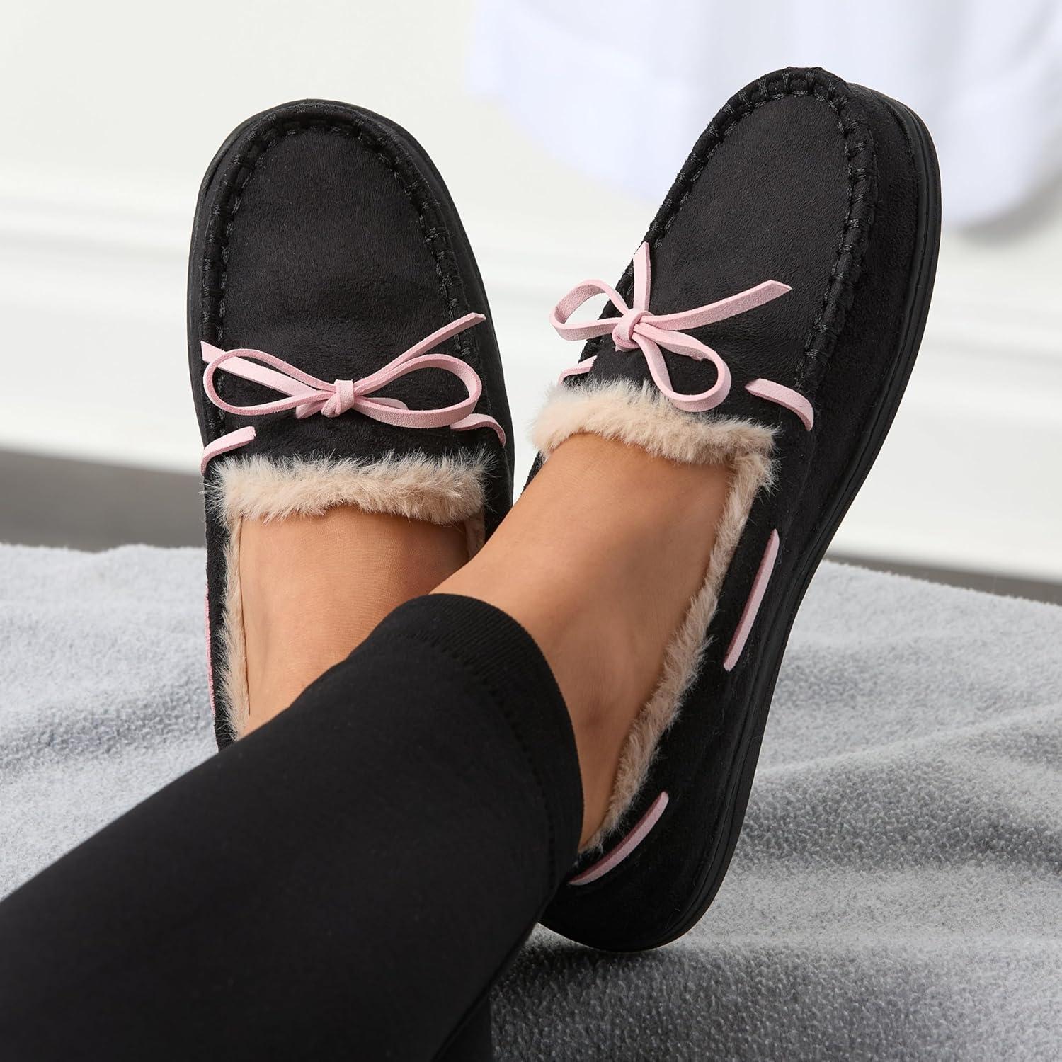 imageFruit of the Loom Womens Memory Foam Moccasins IndoorOutdoor House Shoes for Women Microsuede Gifts for Girls Women ChristmasBlack