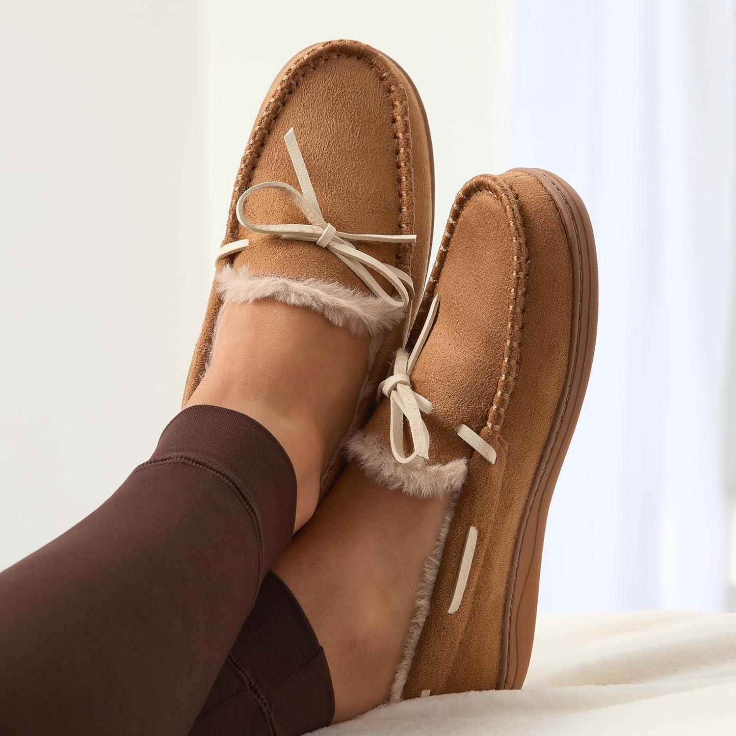 imageFruit of the Loom Womens Memory Foam Moccasins IndoorOutdoor House Shoes for Women Microsuede Gifts for Girls Women ChristmasCoffee