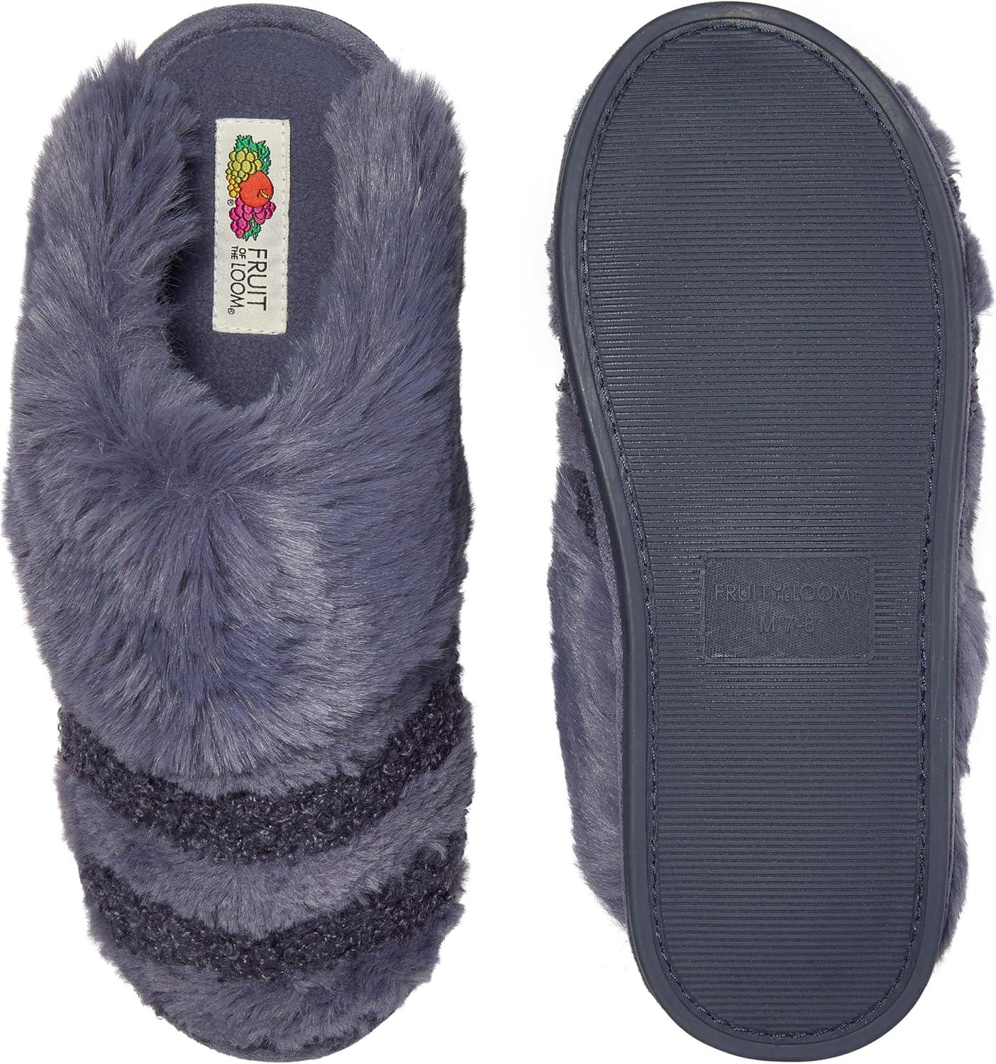 imageFruit of the Loom Womens Memory Foam Slippers Stripe Feather Fur Cuff Clogs Soft Fuzzy Gifts for WomenBlue