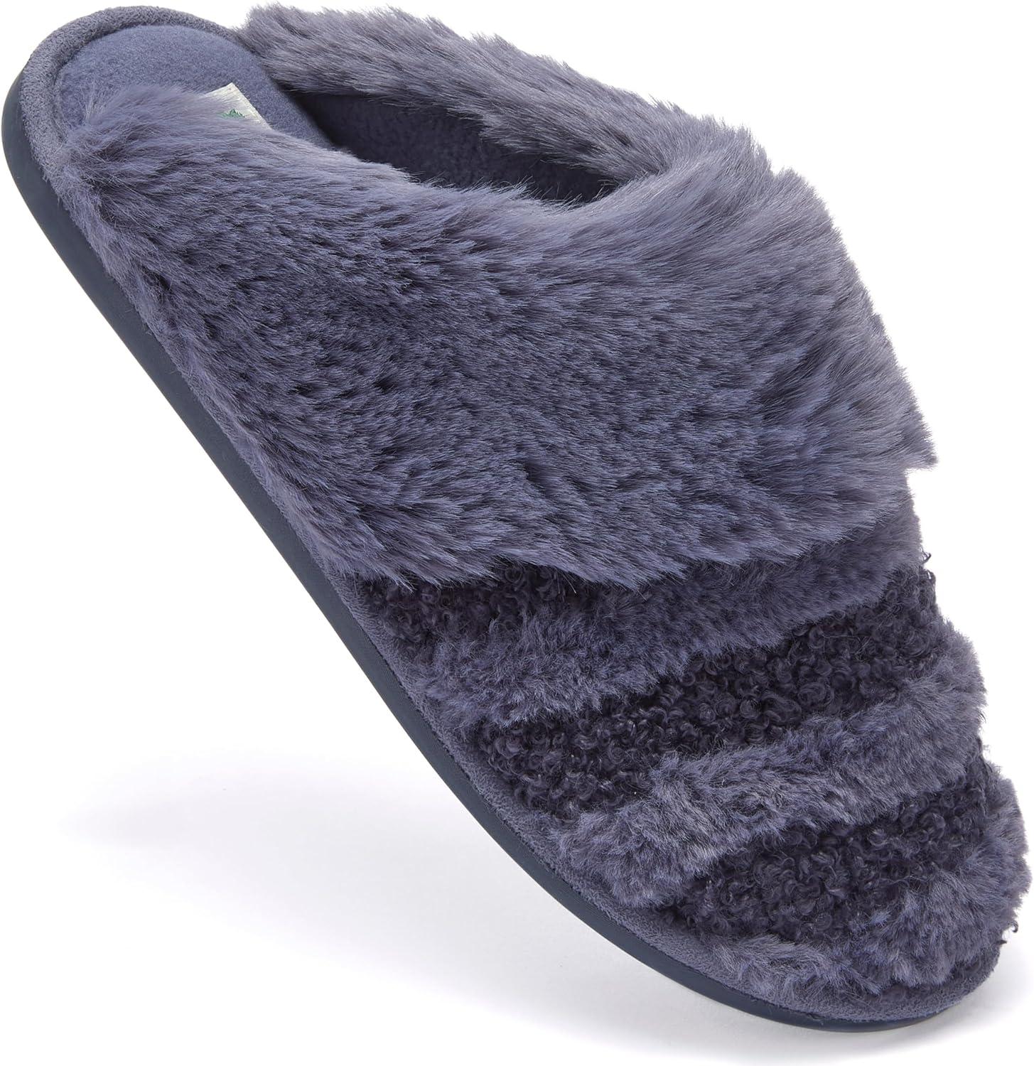 imageFruit of the Loom Womens Memory Foam Slippers Stripe Feather Fur Cuff Clogs Soft Fuzzy Gifts for WomenBlue