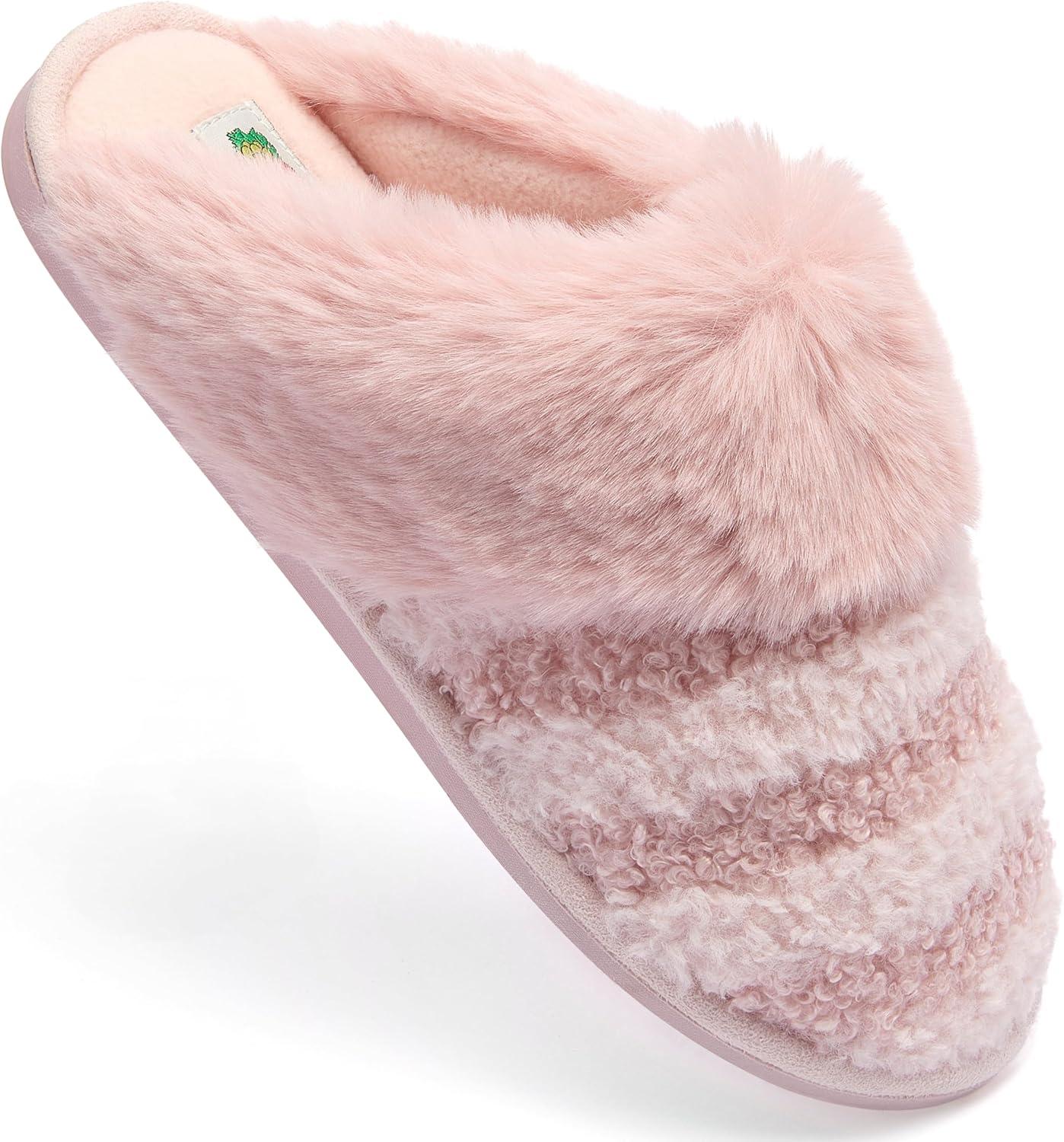 imageFruit of the Loom Womens Memory Foam Slippers Stripe Feather Fur Cuff Clogs Soft Fuzzy Gifts for WomenBlush