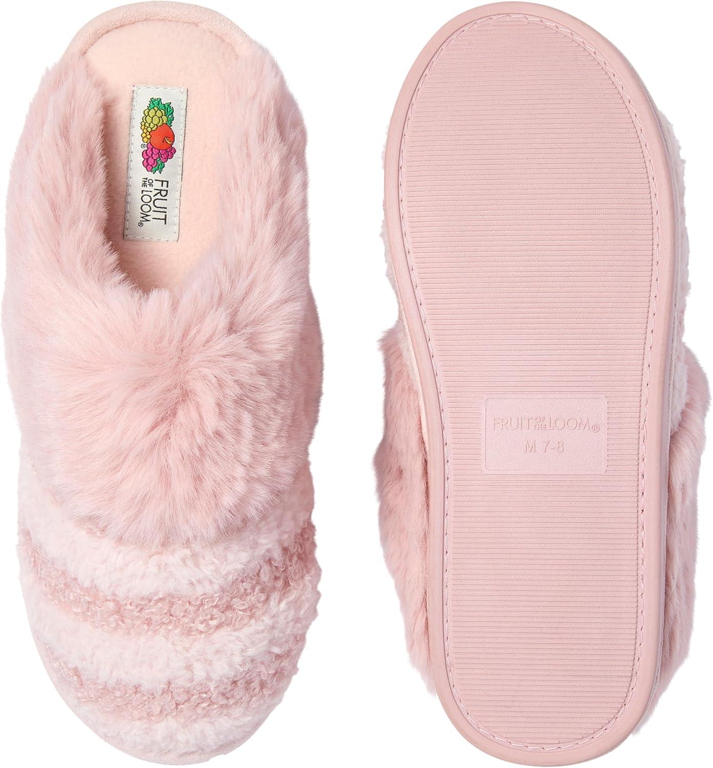 imageFruit of the Loom Womens Memory Foam Slippers Stripe Feather Fur Cuff Clogs Soft Fuzzy Gifts for WomenBlush