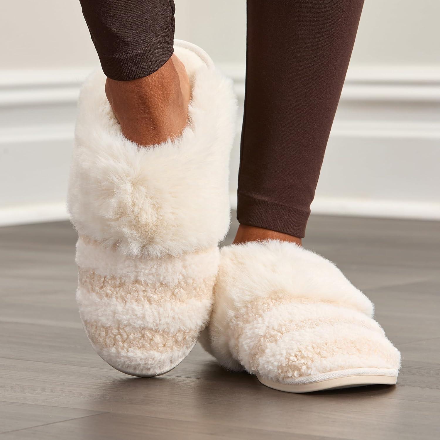 imageFruit of the Loom Womens Memory Foam Slippers Stripe Feather Fur Cuff Clogs Soft Fuzzy Gifts for WomenIvory