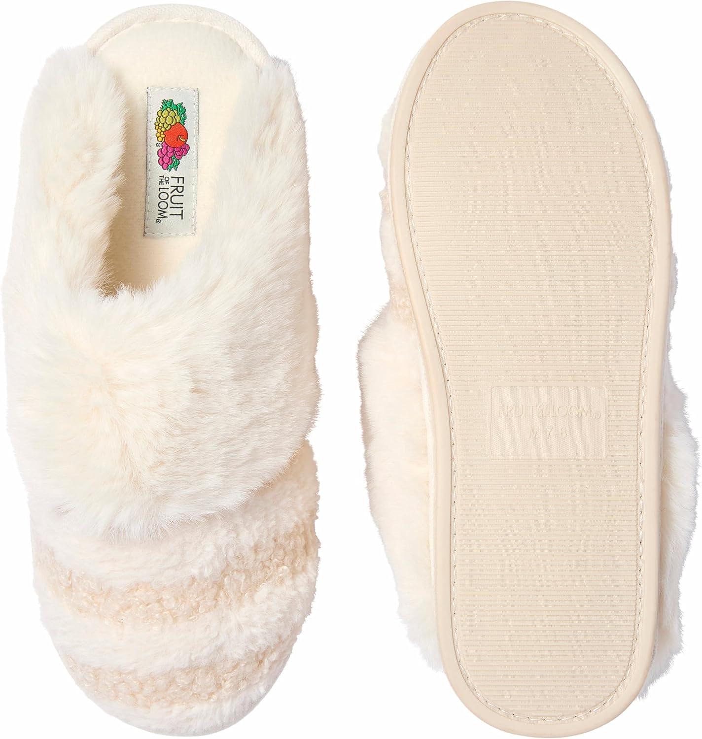 imageFruit of the Loom Womens Memory Foam Slippers Stripe Feather Fur Cuff Clogs Soft Fuzzy Gifts for WomenIvory