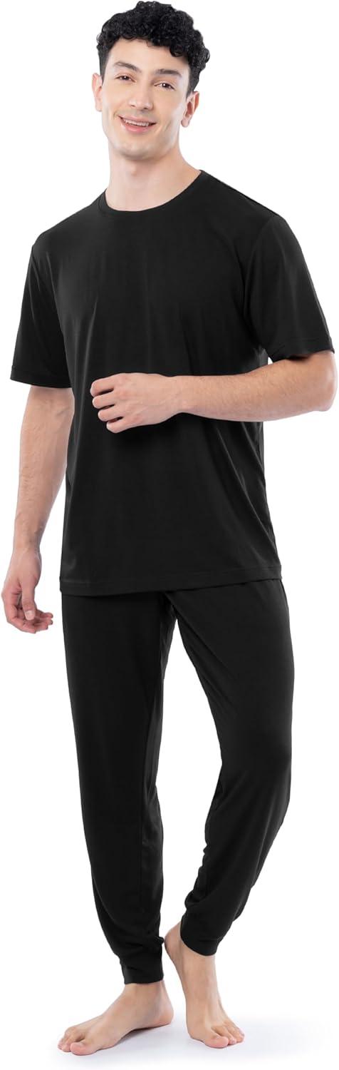 imageFruit of the Loom mens 360 Stretch Crewneck Top and Jogger Pant Sleep Pajama SetBlack