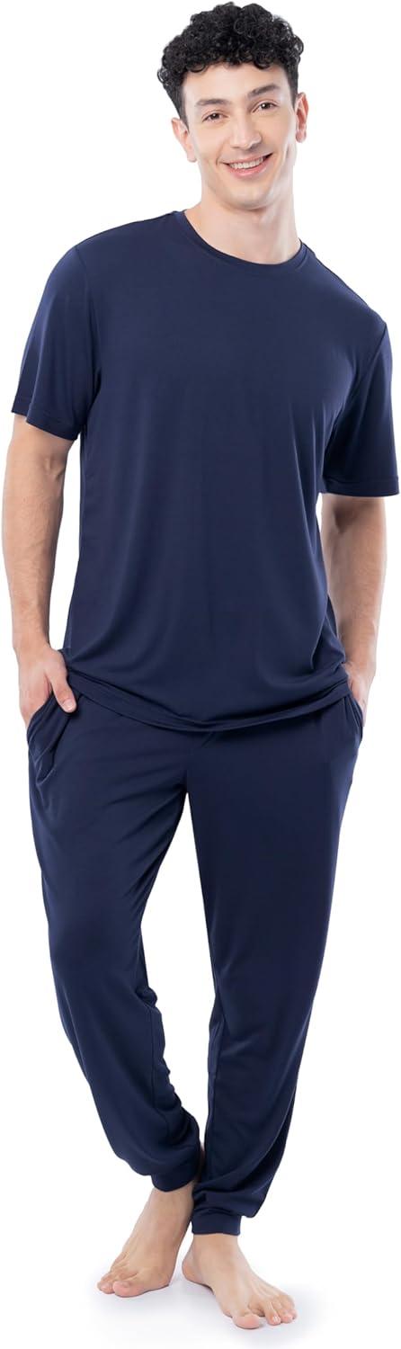 imageFruit of the Loom mens 360 Stretch Crewneck Top and Jogger Pant Sleep Pajama SetNavy