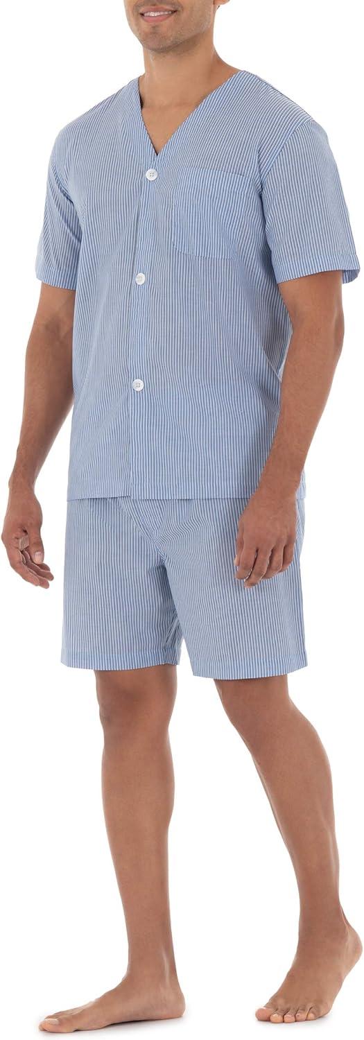 imageFruit of the Loom mens Broadcloth Short Sleeve Pajama SetBlue Stripe