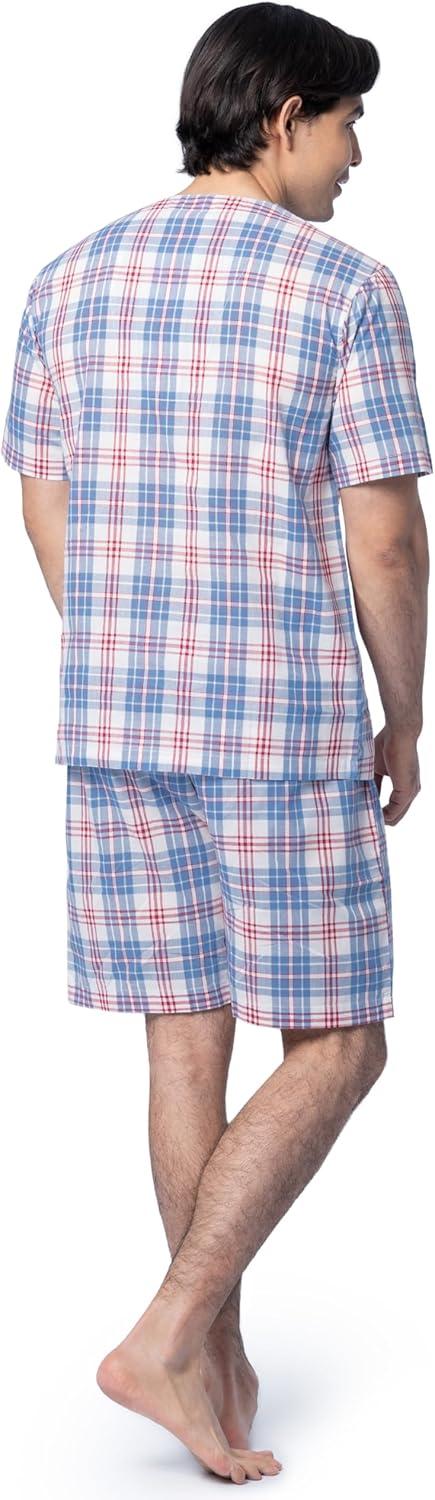 imageFruit of the Loom mens Broadcloth Short Sleeve Pajama SetIvoryBlueRed Plaid
