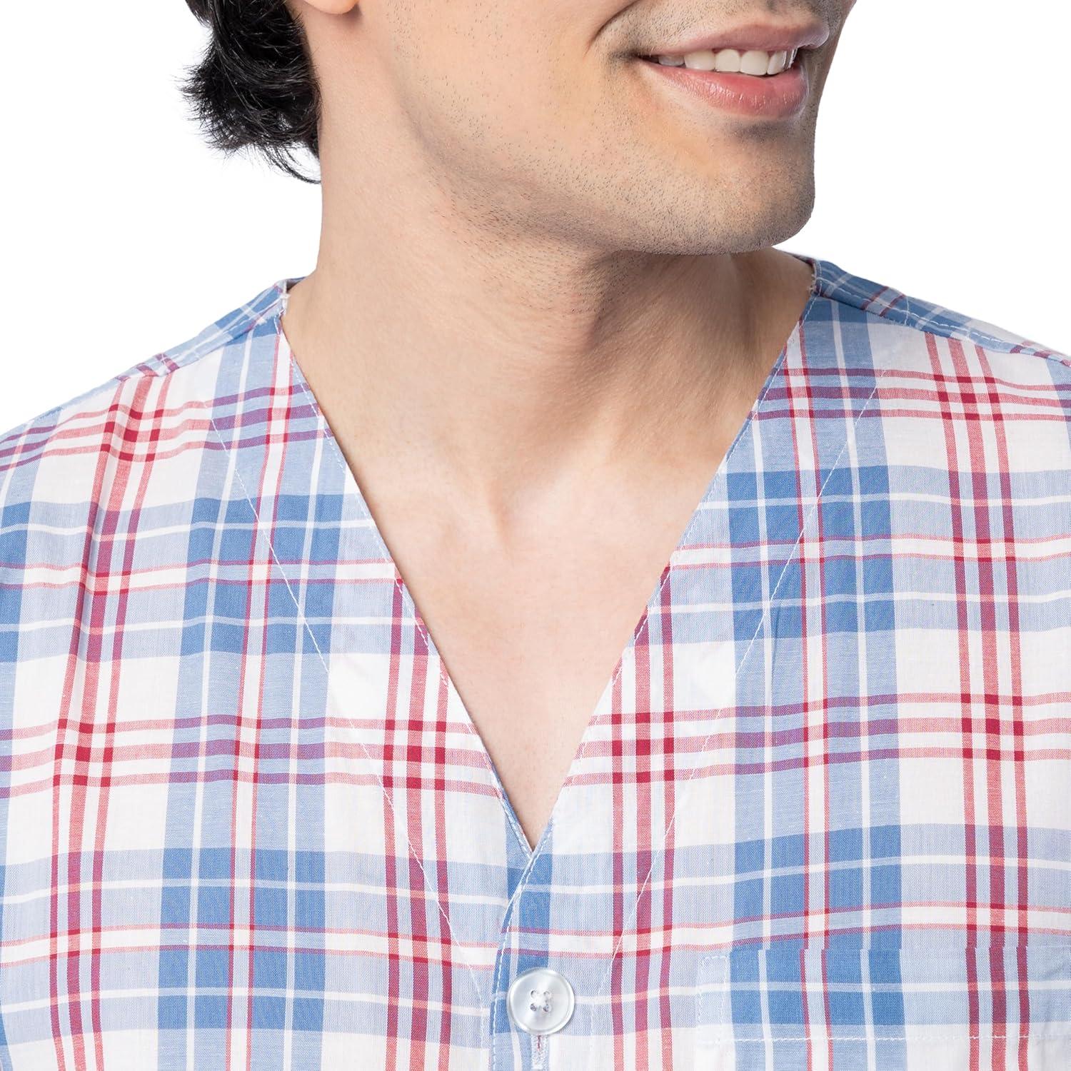 imageFruit of the Loom mens Broadcloth Short Sleeve Pajama SetIvoryBlueRed Plaid