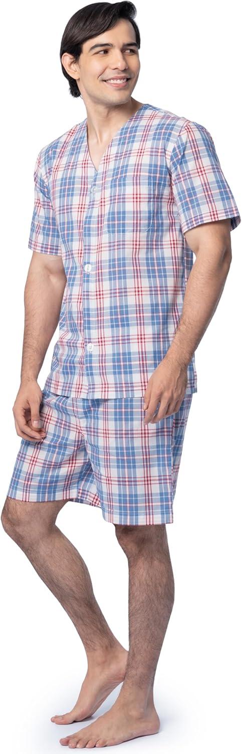 imageFruit of the Loom mens Broadcloth Short Sleeve Pajama SetIvoryBlueRed Plaid