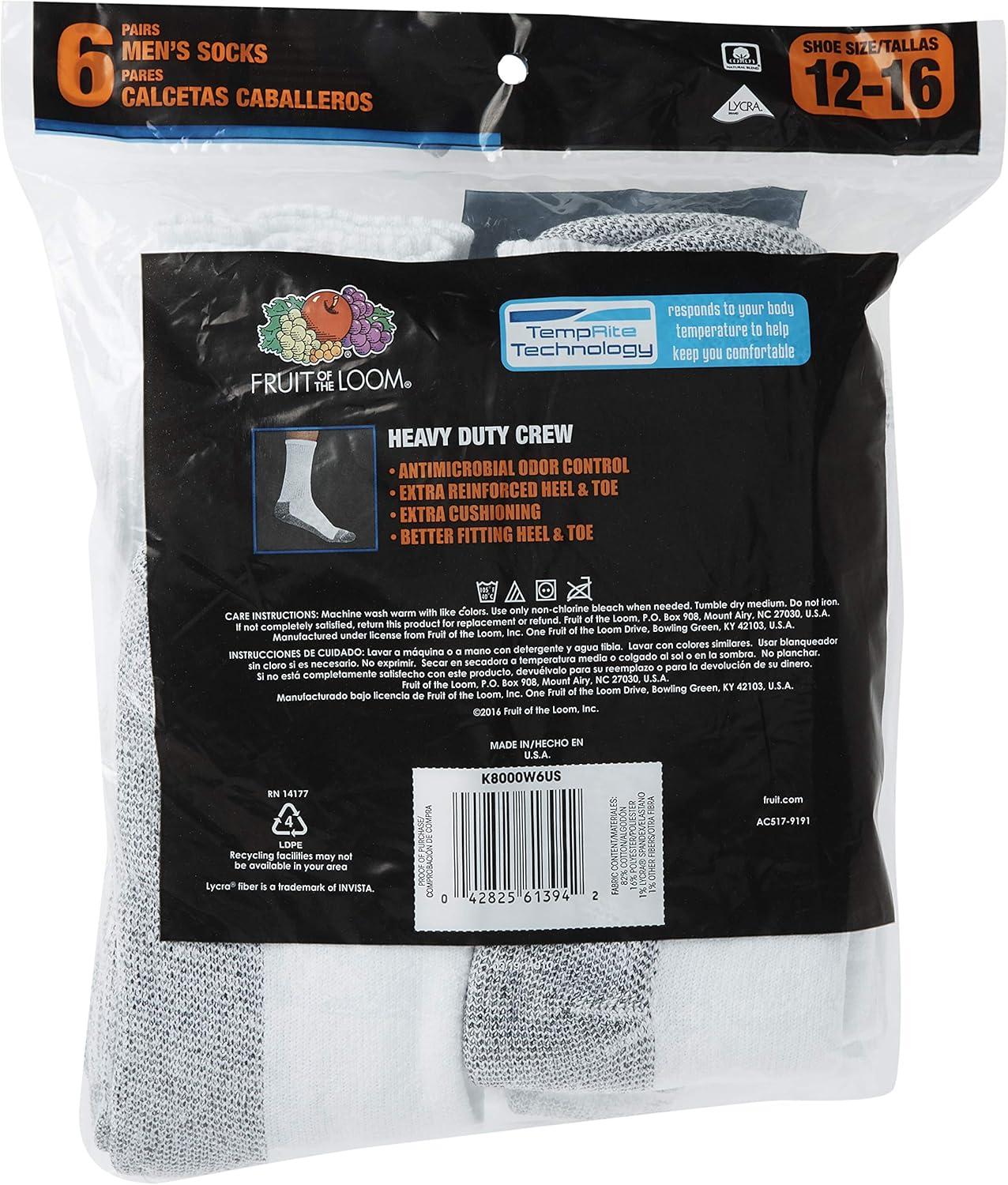 imageFruit of the Loom mens Cotton Work Gear Crew Socks Cushioned Wicking Durable 6 PackWhite