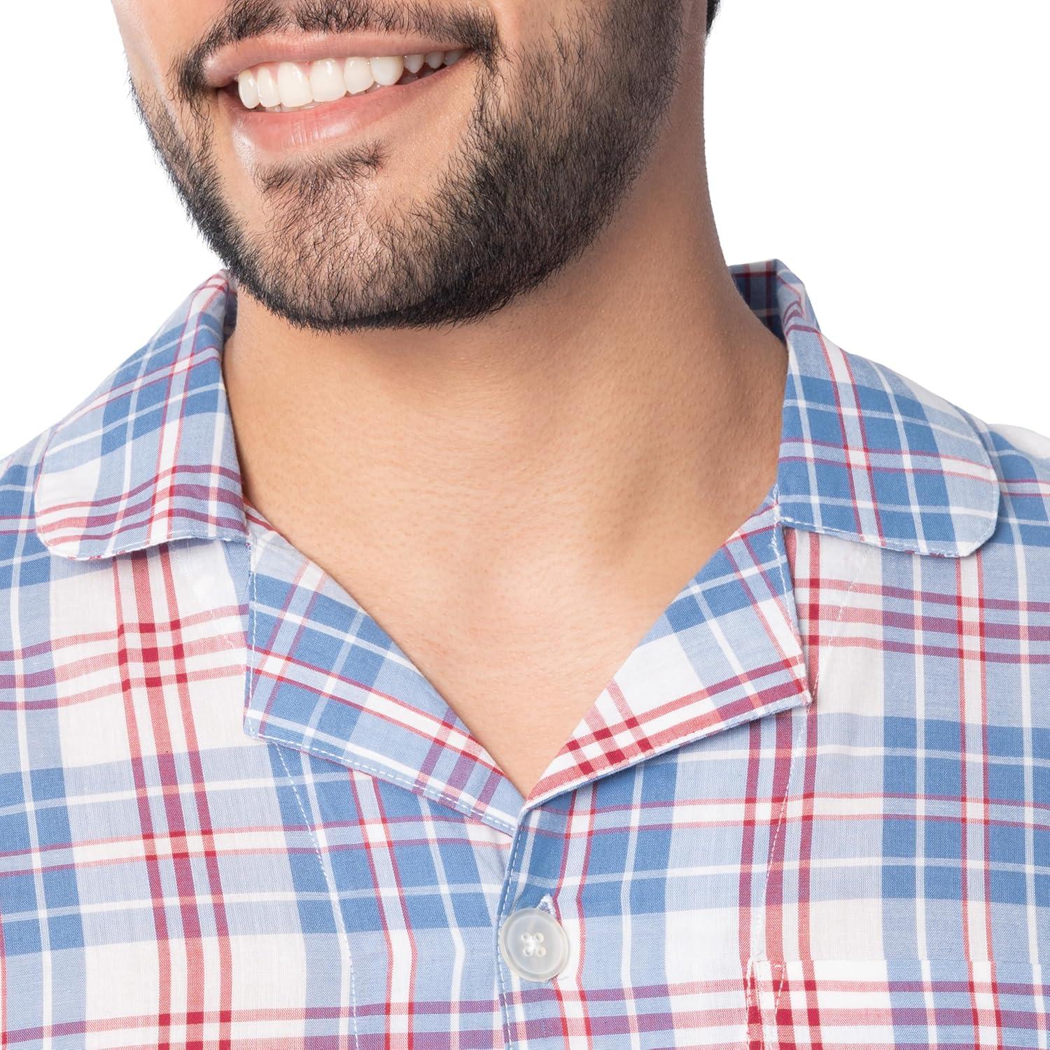 imageFruit of the Loom mens Long Sleeve Broadcloth Pajama SetIvoryBlueRed Plaid