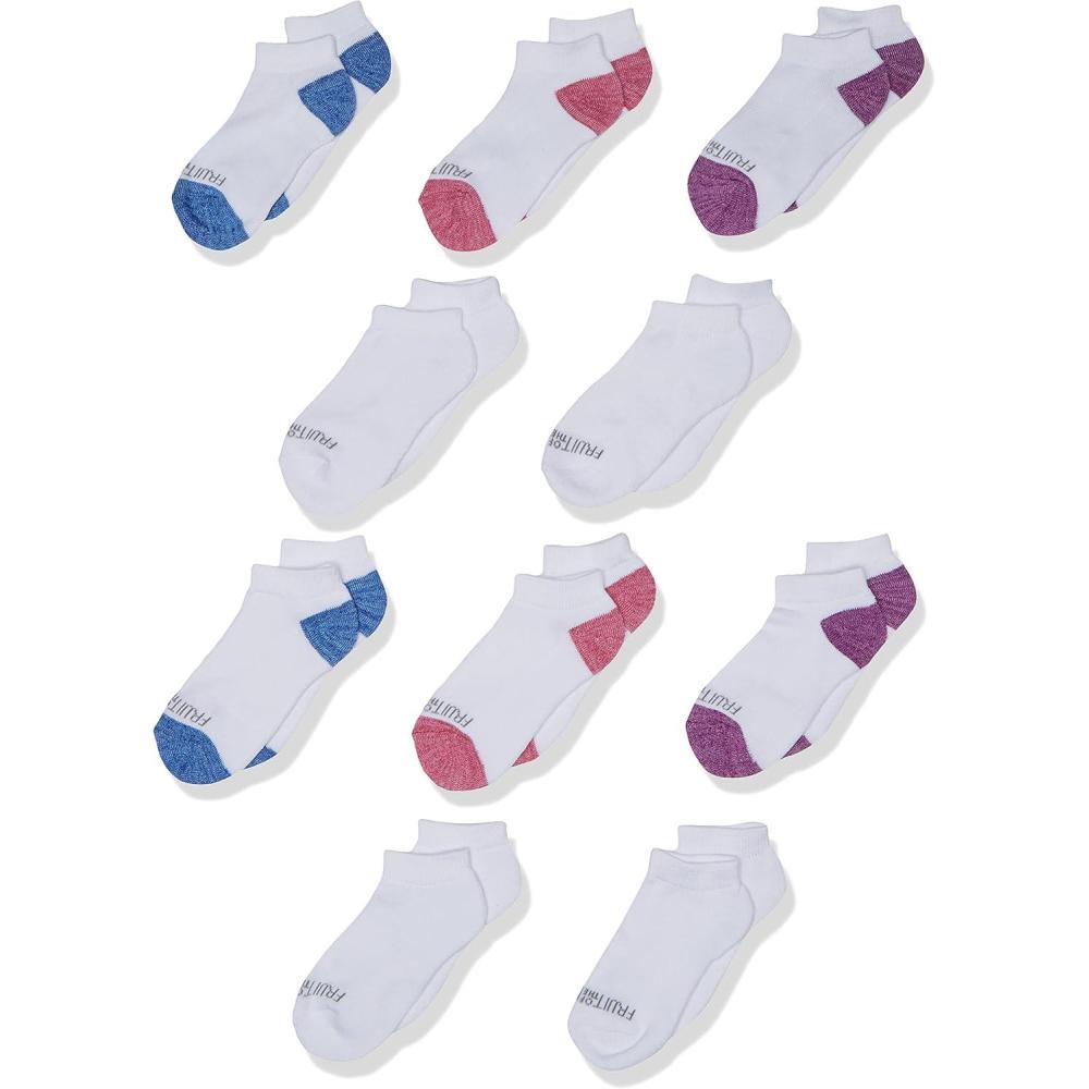 imageFruit Of the Loom Girls Everyday Lightweight Sport Quarter Sock 10 PackWhite WColored Heel Toe