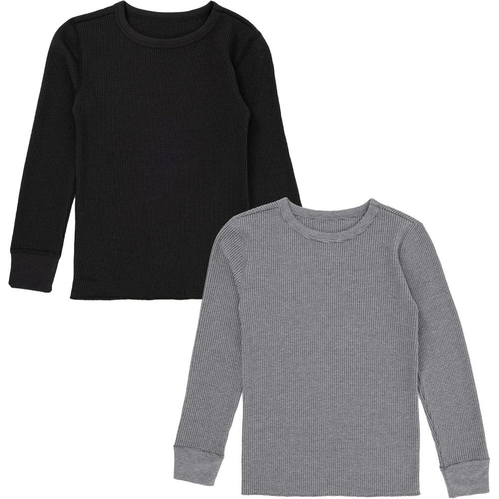 imageFruit of the Loom Boys Premium 2Pack Thermal Waffle Crew TopBlackHeather Greystone