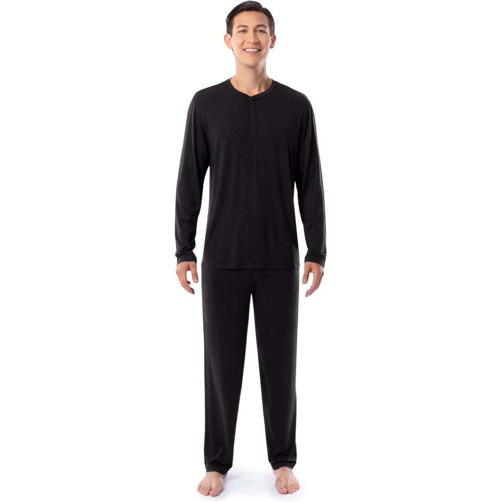 imageFruit of the Loom Mens 360 Stretch Long Sleeve Henley Top and Pant Sleep Pajama SetBlack