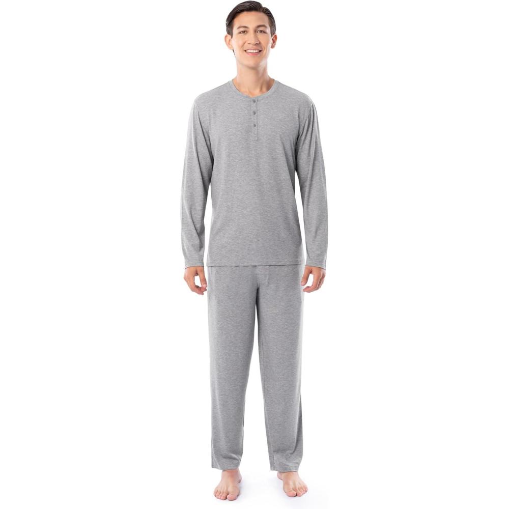 imageFruit of the Loom Mens 360 Stretch Long Sleeve Henley Top and Pant Sleep Pajama SetGrey Heather