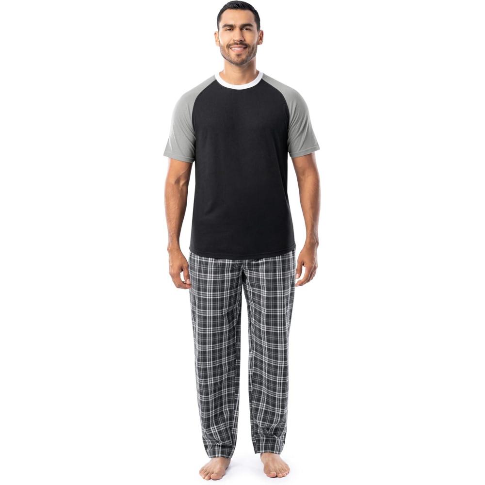imageFruit of the Loom Mens Jersey Henley Top and Broadcloth Pant Sleep Pajama SetBlackBlack Plaid