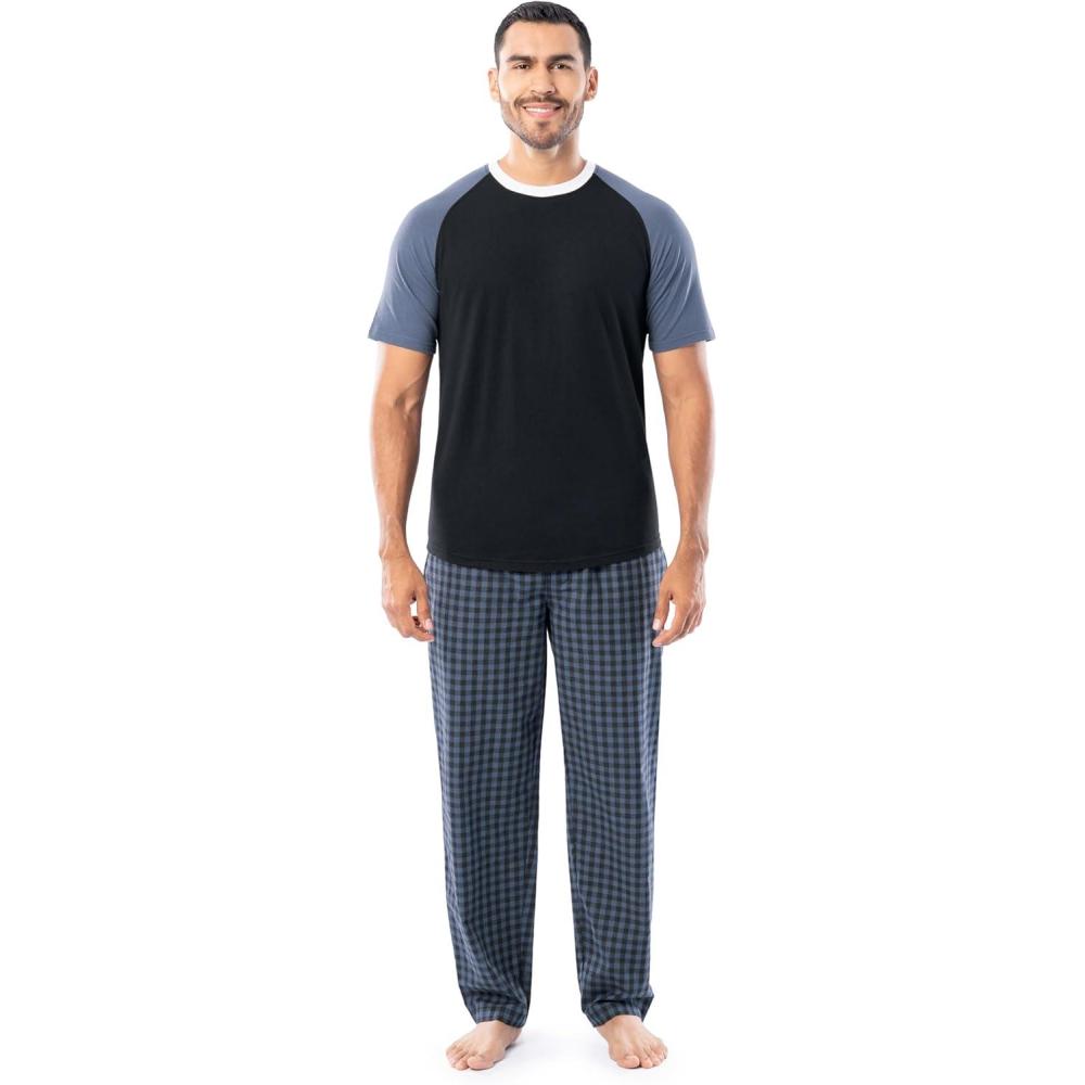 imageFruit of the Loom Mens Jersey Henley Top and Broadcloth Pant Sleep Pajama SetBlackBlue Plaid