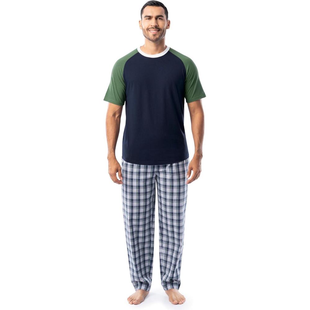 imageFruit of the Loom Mens Jersey Henley Top and Broadcloth Pant Sleep Pajama SetNavyGreen Plaid