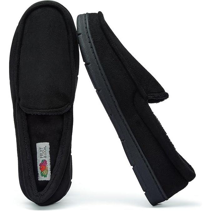 imageFruit of the Loom Mens Moccasin Slippers Memory Foam Indoor Outdoor House Shoes Cozy Fuzzy Footwear for Men NonSlip Suede DesignBlack