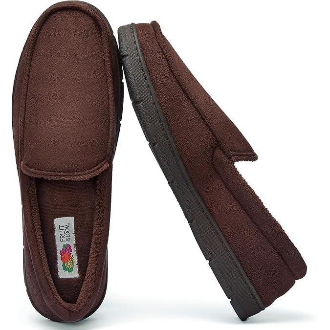 imageFruit of the Loom Mens Moccasin Slippers Memory Foam Indoor Outdoor House Shoes Cozy Fuzzy Footwear for Men NonSlip Suede DesignBrown