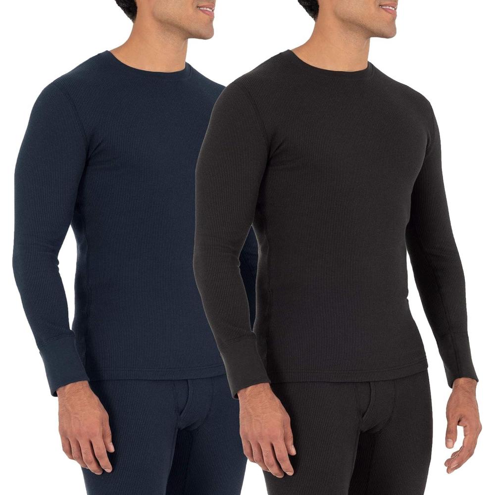 imageFruit of the Loom Mens Recycled Waffle Thermal Underwear Crew Top 1 and 2 PacksBlackNavy