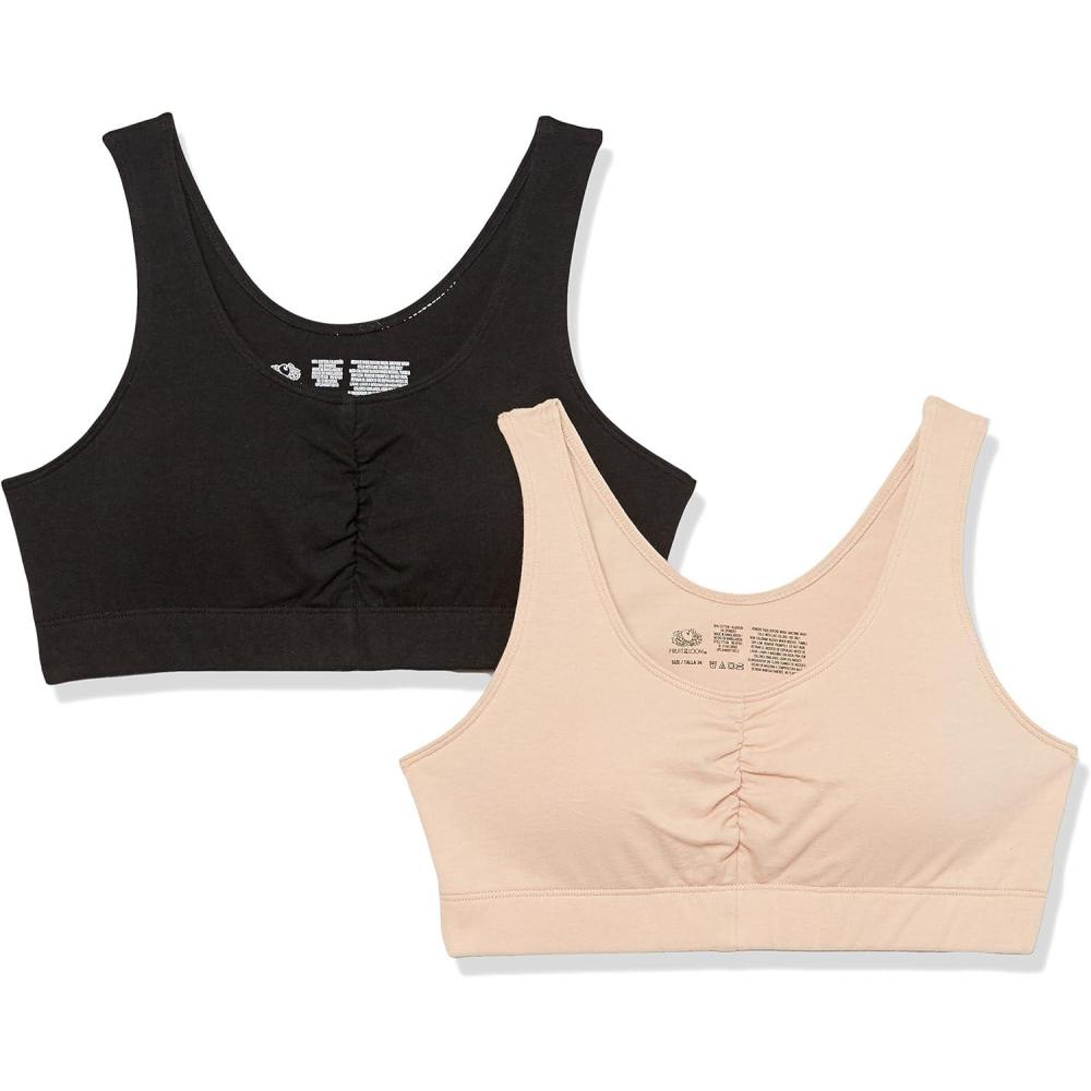 imageFruit of the Loom Womens 2Pack Shirred Front Sport Bra  Removable Pads for Customizable SupportSandBlack