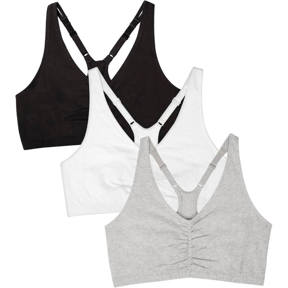 imageFruit of the Loom Womens Adjustable Shirred Front Racerback Sports Bra Multi Pack OptionsHeather GreyWhiteBlack Hue