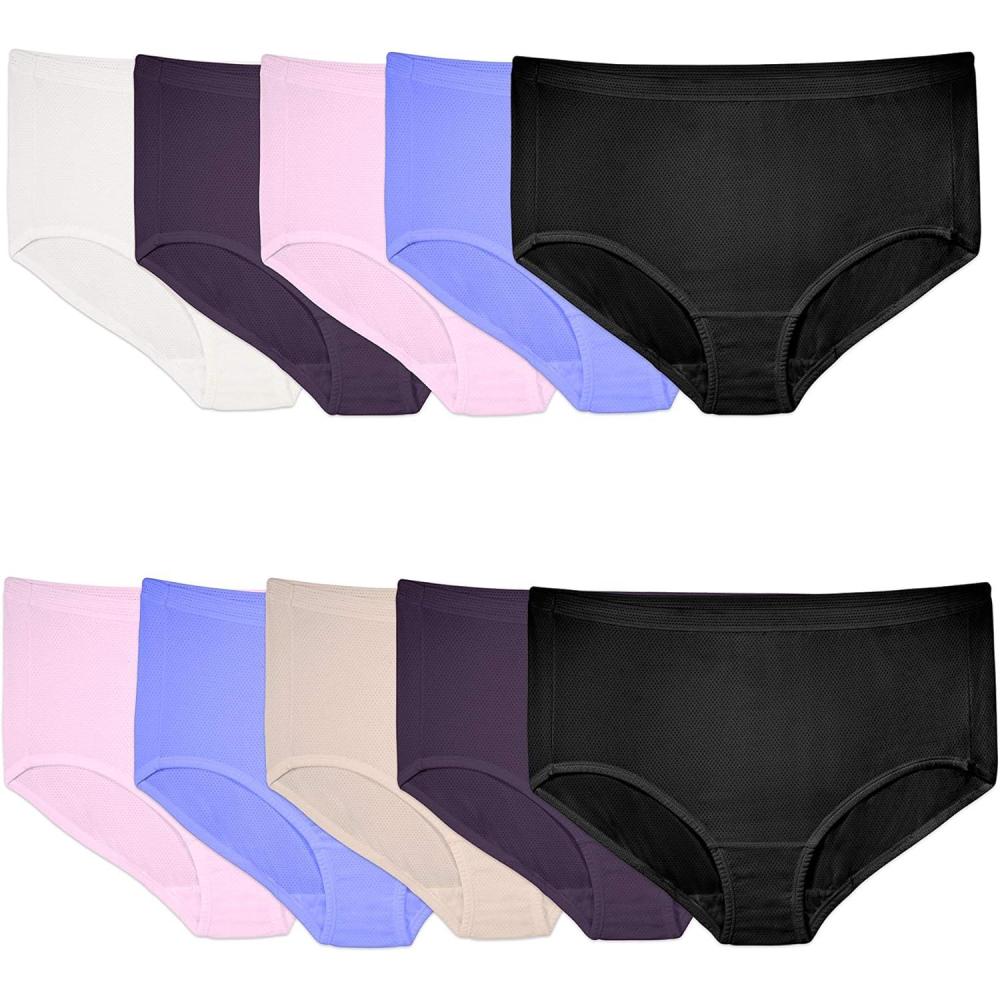 imageFruit of the Loom Womens Breathable Underwear Moisture Wicking Keeps You Cool ampamp Comfortable Available in Plus SizeMicro Mesh  Plus Size Brief  10 Pack  BlackBluePurple