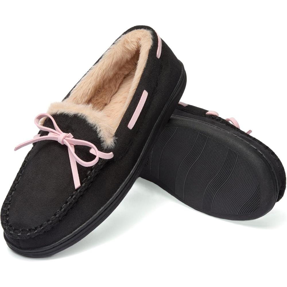 imageFruit of the Loom Womens Memory Foam Moccasins IndoorOutdoor House Shoes for Women Microsuede Gifts for Girls Women ChristmasBlack