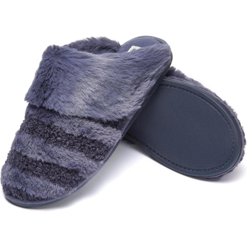 imageFruit of the Loom Womens Memory Foam Slippers Stripe Feather Fur Cuff Clogs Soft Fuzzy Gifts for WomenBlue