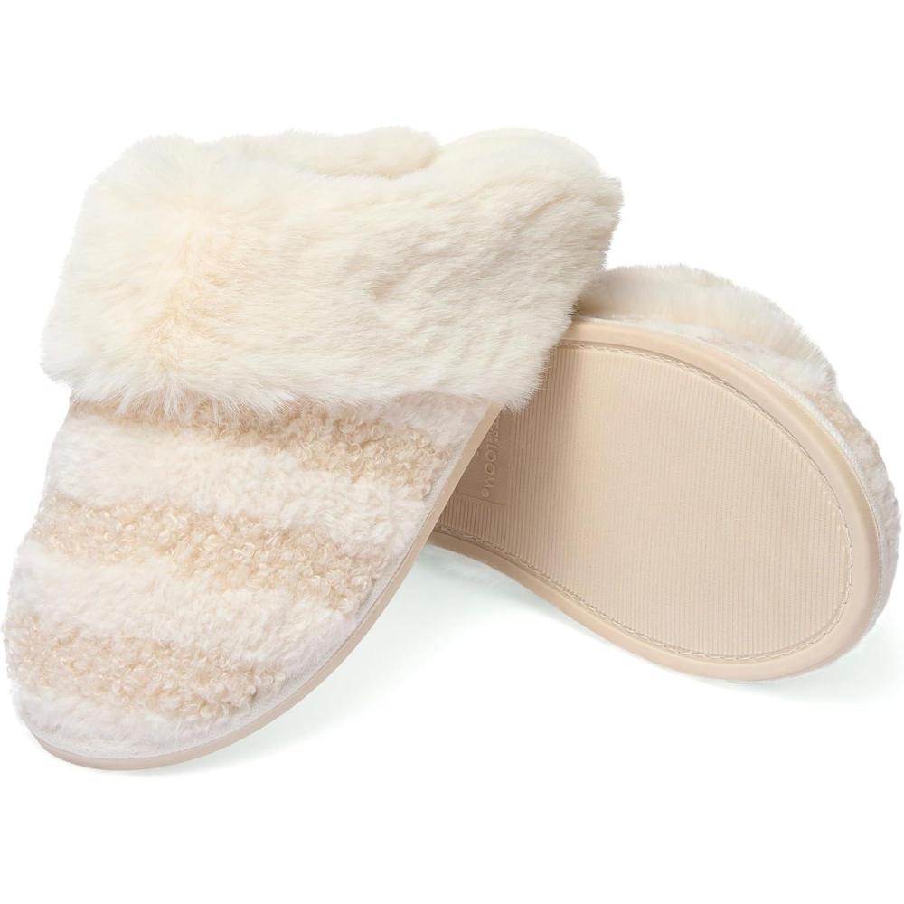imageFruit of the Loom Womens Memory Foam Slippers Stripe Feather Fur Cuff Clogs Soft Fuzzy Gifts for WomenIvory