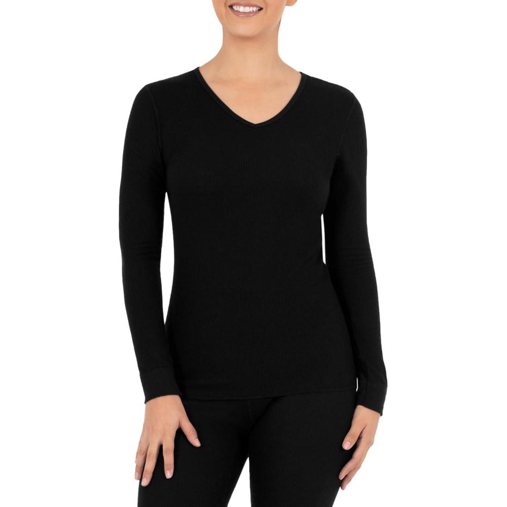 imageFruit of the Loom Womens Micro Waffle Thermal VNeckBlack