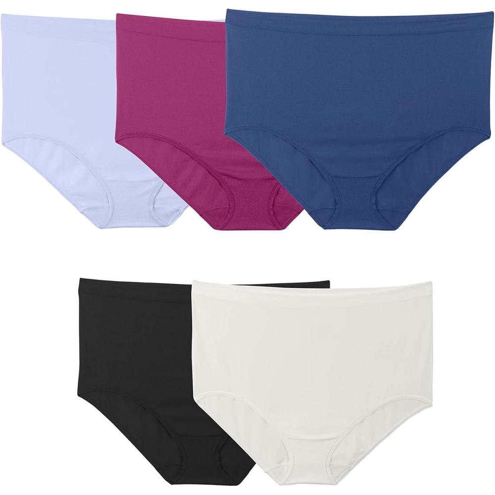 imageFruit of the Loom Womens Plus Size Fit for Me Seamless Brief Panty Assorted 5 PackPlus Size Brief  5 Pack  BlackWhiteBlue