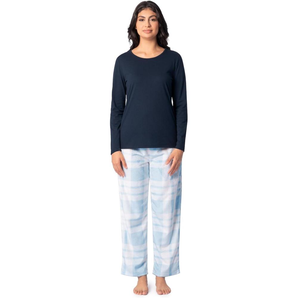 imageFruit of the Loom Womens Sueded Jersey Crew Top and Fleece Pant Sleep SetNavySnow Plaid