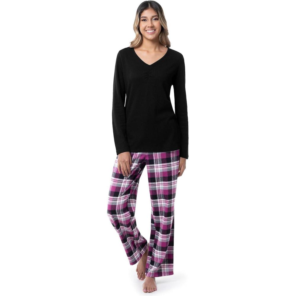 imageFruit of the Loom Womens Waffle VNeck TopBlackBerry Plaid