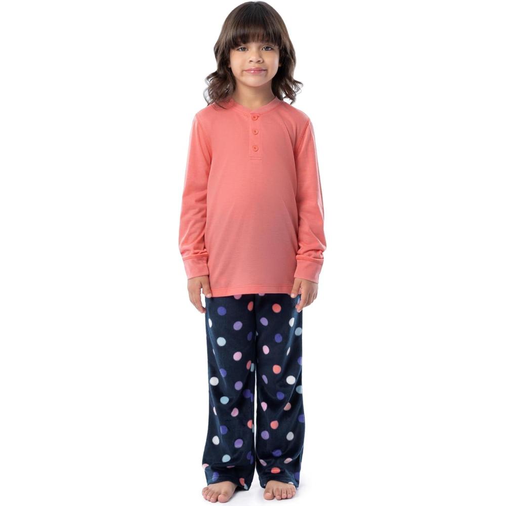imageFruit of the Loom girls Long Sleeve Jersey Henley Top and Fleece Pant Sleep Pajama SetCoralNavy Dots