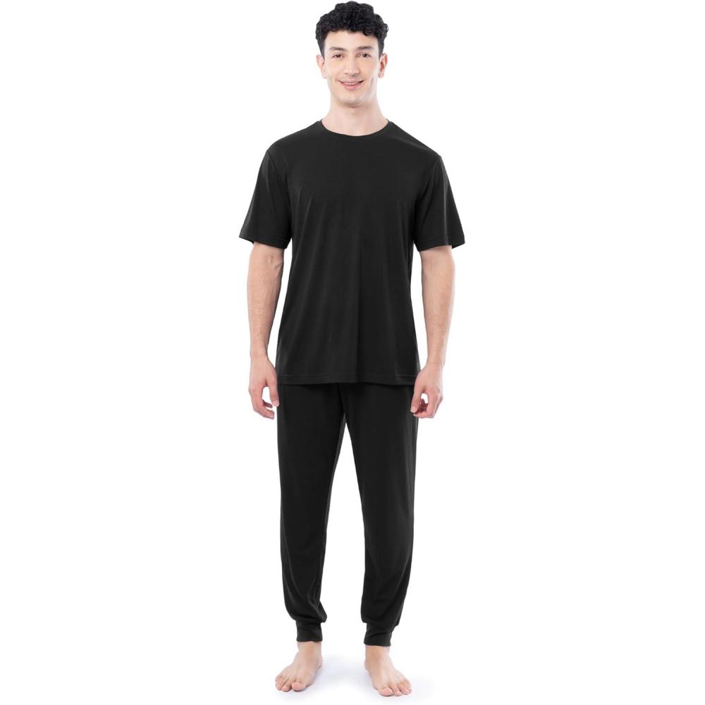 imageFruit of the Loom mens 360 Stretch Crewneck Top and Jogger Pant Sleep Pajama SetBlack
